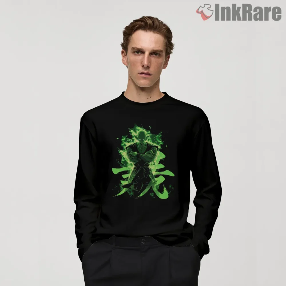 Piccolo Green Flame Demon Clan Aura Shirt on black long sleeve shirt for men graphic tee