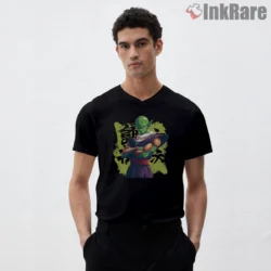 Piccolo Green Kanji Guardian Stance Shirt on black v-neck shirt for men graphic tee