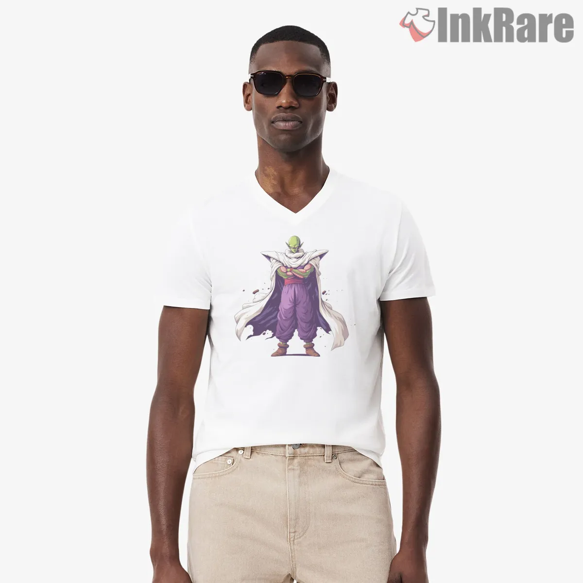 Piccolo Lone Namekian Guardian V Neck White Piccolo Lone Namekian Guardian Shirt on white v-neck shirt for men graphic tee