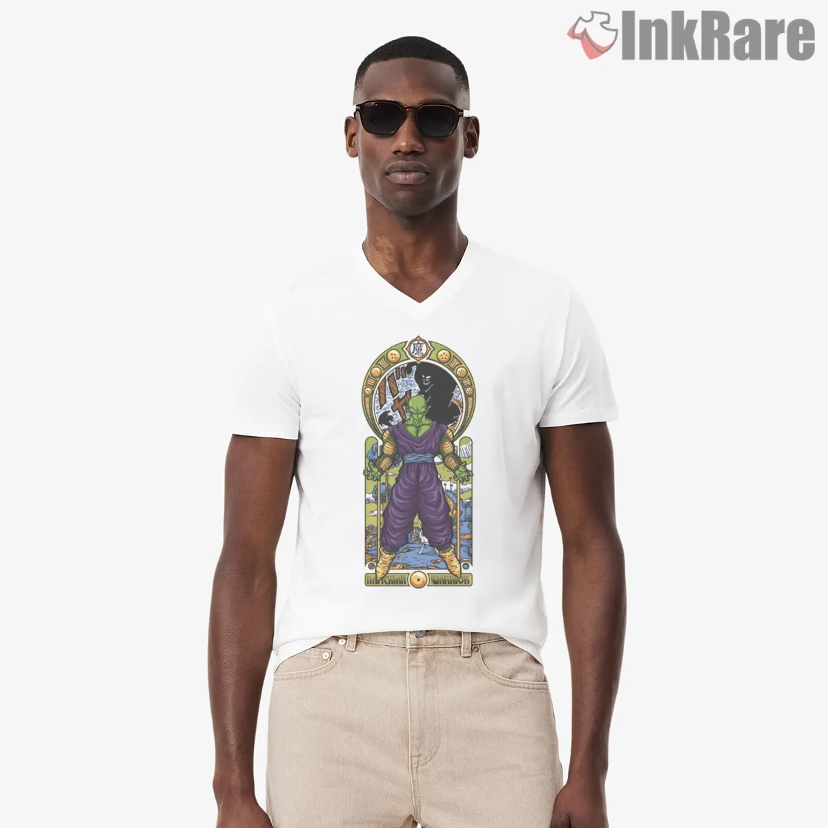 Piccolo Namekian Guardian Temple Icon V Neck White Piccolo Namekian Guardian Temple Icon Shirt on white v-neck shirt for men graphic tee