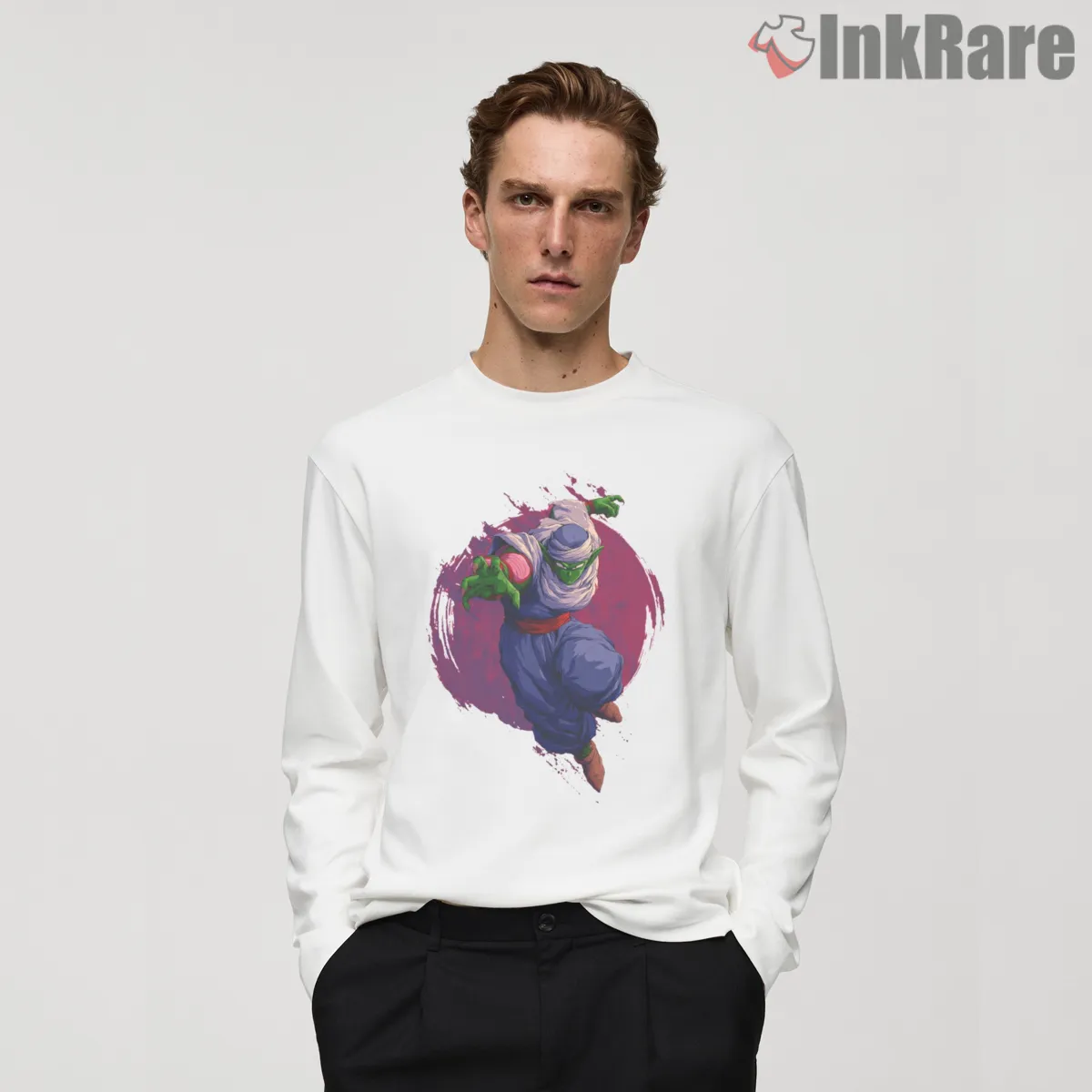 Piccolo Namekian Warrior Purple Aura Long Sleeve White Piccolo Namekian Warrior Purple Aura Shirt on white long sleeve shirt for men graphic tee