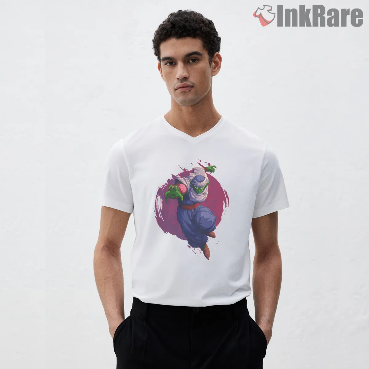Piccolo Namekian Warrior Purple Aura V Neck White Piccolo Namekian Warrior Purple Aura Shirt on white v-neck shirt for men graphic tee