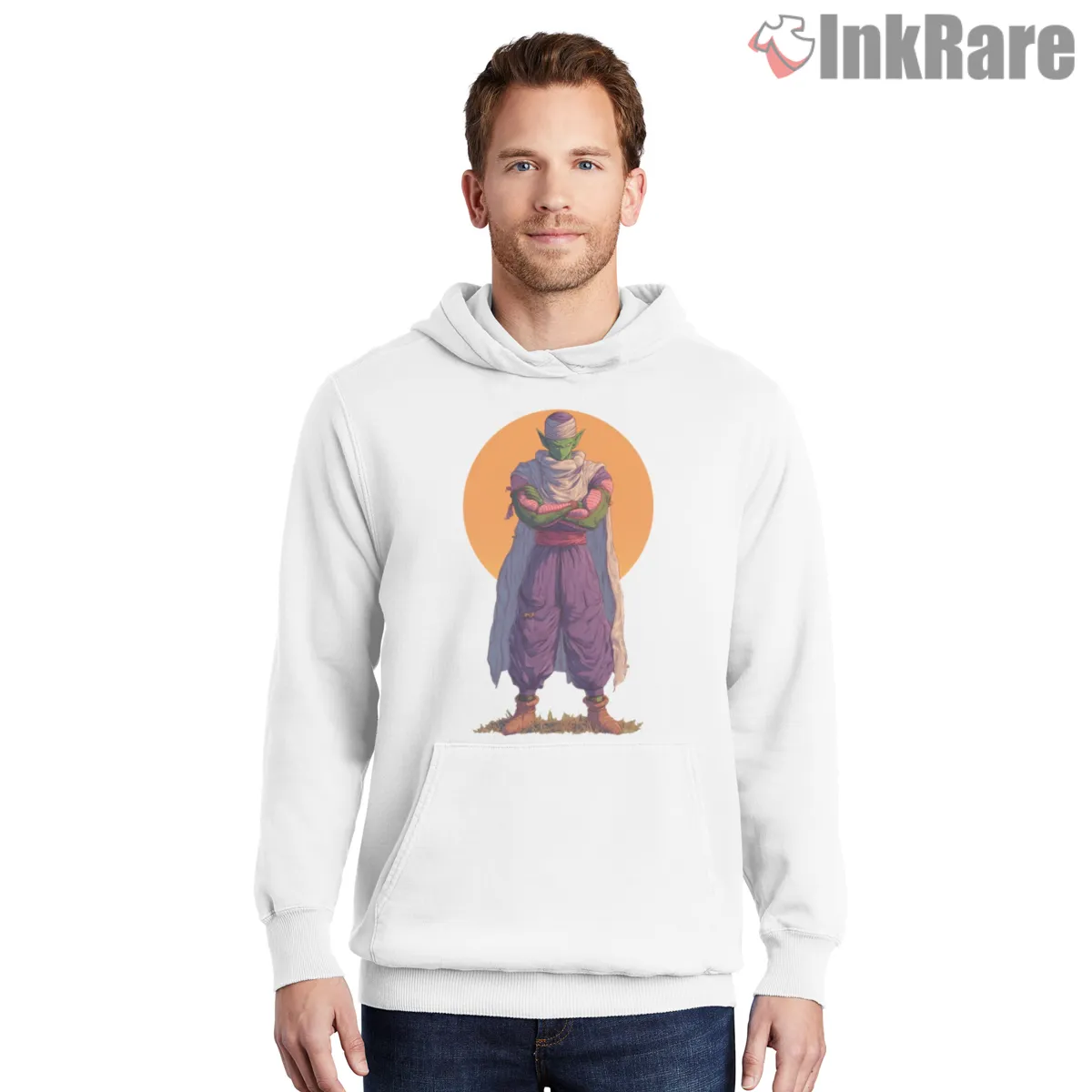 Piccolo Namekian Warrior Sunset Pose Shirt on white hoodie for men graphic tee