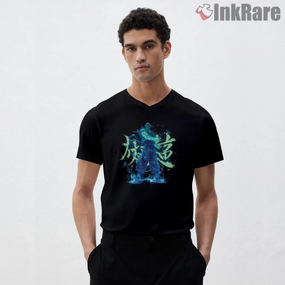 Piccolo Ocean Blue Dragon Aura Shirt on black v-neck shirt for men graphic tee
