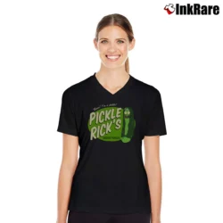 Women’s Pickle Rick And Morty Button Up Style V-Neck Tee in black | Chic Neckline, Soft Texture