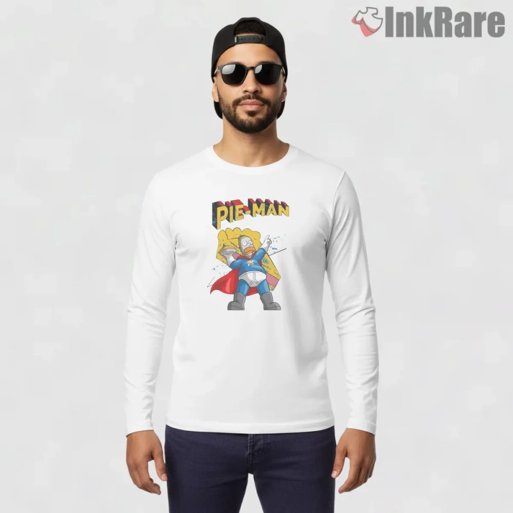 Pie Man Homer Simpson Superhero Comic Parody Shirt on white long sleeve shirt for men graphic tee