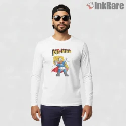 Pie Man Homer Simpson Superhero Comic Parody Shirt on white long sleeve shirt for men graphic tee