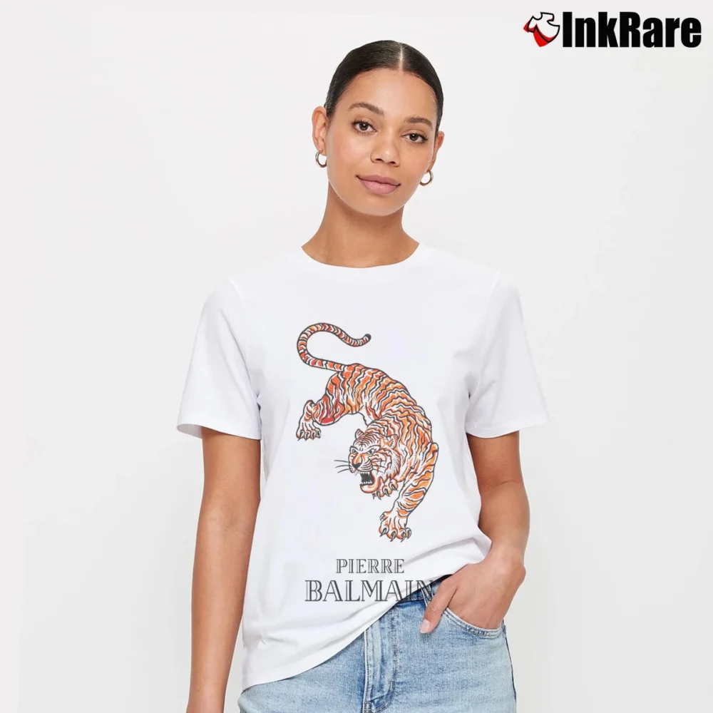 Women’s Pierre Balmain Designer Tiger Logo Signature T-Shirt in white | Soft, Flattering Fit