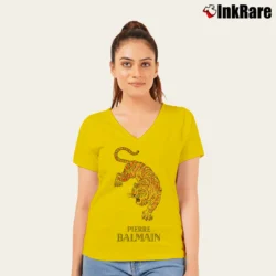 Women’s Pierre Balmain Designer Tiger Logo V-Neck Tee in yellow | Chic Neckline, Soft Texture