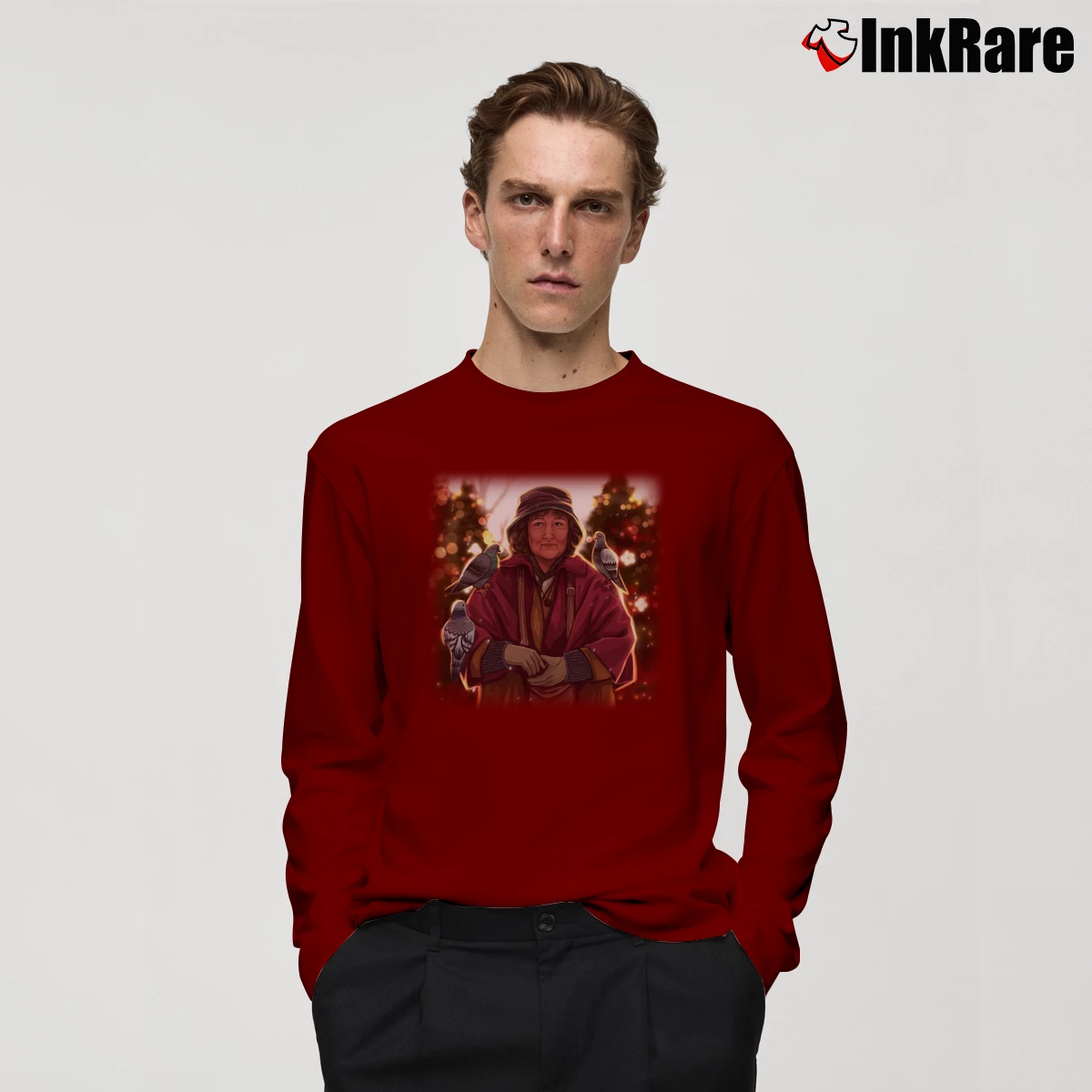 Pigeon Lady Home Alone Men’s Long-Sleeve Tee in maroon – Versatile Layering Men’s Pigeon Lady Home Alone Long-Sleeve Shirt in maroon | Sleek, Lightweight, Year-Round Wear