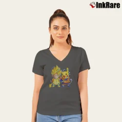 Women’s Pikachu And Goku Dragon Ball Pokemon Mashup V-Neck Tee in charcoal | Chic Neckline, Soft Texture