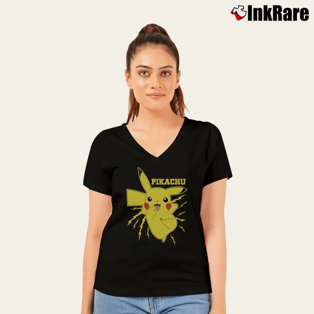 Women’s Pikachu Bolt Pokemon Graphic V-Neck Tee in black | Chic Neckline, Soft Texture
