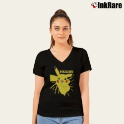 Women’s Pikachu Bolt Pokemon Graphic V-Neck Tee in black | Chic Neckline, Soft Texture