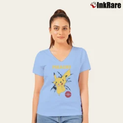 Women’s Pikachu Bolt Pokemon V-Neck Tee in light blue | Chic Neckline, Soft Texture