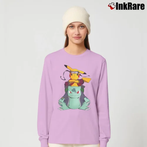 Women’s Pikachu Bulbasaur Naruto Jiraiya Pokemon Mashup Long-Sleeve Top in light pink | Sleek, Versatile, All-Season