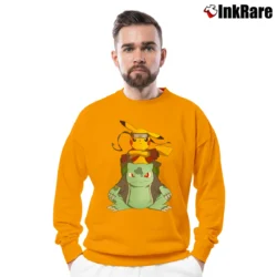 Men’s Pikachu Bulbasaur Naruto Jiraiya Pokemon Mashup Crewneck Sweatshirt in orange | Cozy Fabric, Clean Style