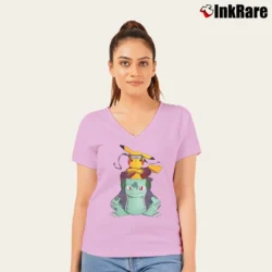 Women’s Pikachu Bulbasaur Naruto Jiraiya Pokemon Mashup V-Neck Tee in light pink | Chic Neckline, Soft Texture
