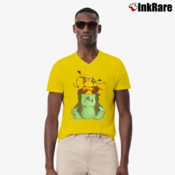 Men’s Pikachu Bulbasaur Naruto Jiraiya Pokemon Mashup V-Neck Tee in yellow | Sharp, Breathable, Everyday Staple