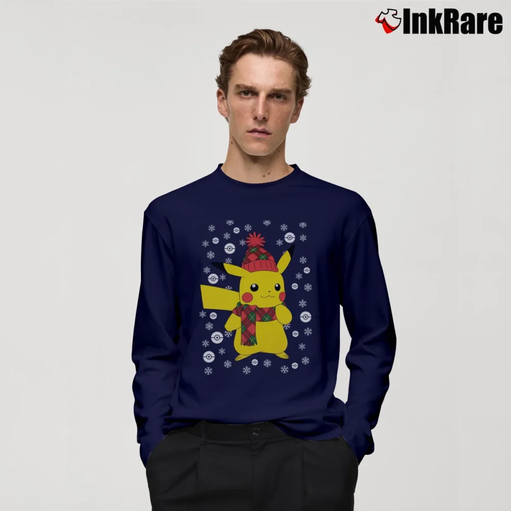 Men’s Pikachu Pokemon Christmas Funny Holiday Long-Sleeve Shirt in navy | Sleek, Lightweight, Year-Round Wear