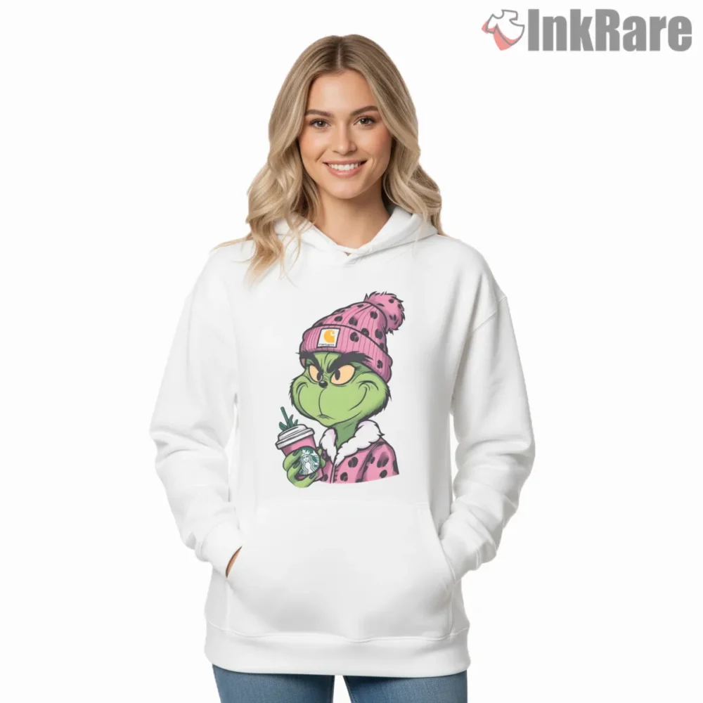 Pink Beanie Sassy Grinch Christmas Coffee Shirt on white hoodie for women graphic tee
