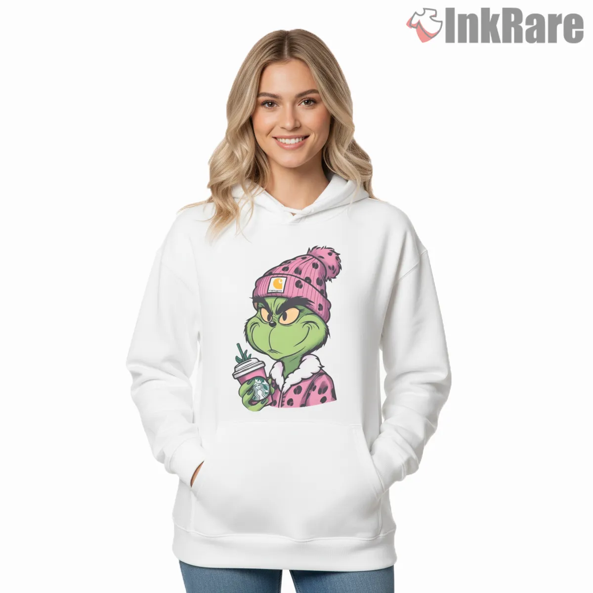 Pink Beanie Sassy Grinch Christmas Coffee Hoodie White Pink Beanie Sassy Grinch Christmas Coffee Shirt on white hoodie for women graphic tee