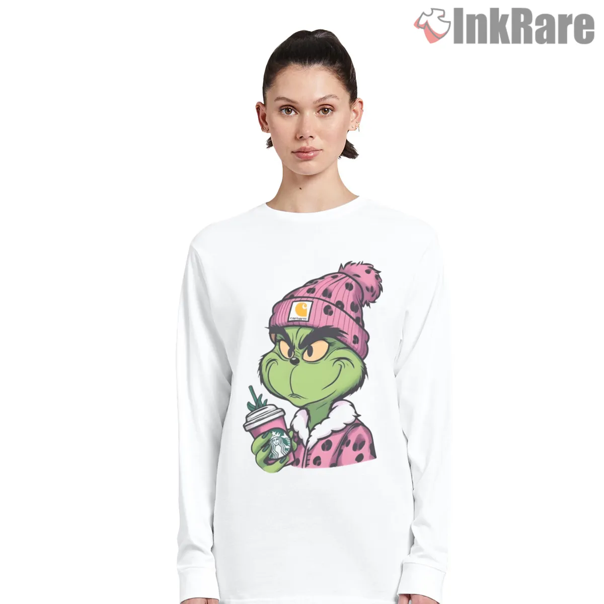Pink Beanie Sassy Grinch Christmas Coffee Shirt on white long sleeve shirt for women graphic tee