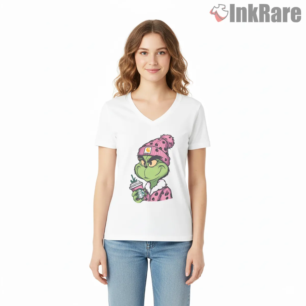 Pink Beanie Sassy Grinch Christmas Coffee V Neck White Pink Beanie Sassy Grinch Christmas Coffee Shirt on white v-neck shirt for women graphic tee