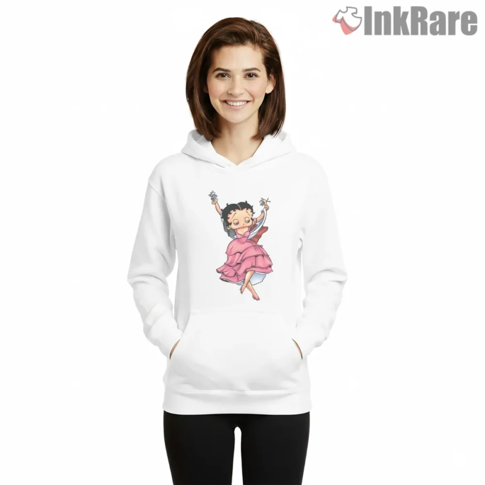 Pink Dress Twirl Betty Boop Playful Cartoon Shirt on white hoodie for women graphic tee