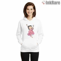Pink Dress Twirl Betty Boop Playful Cartoon Shirt on white hoodie for women graphic tee
