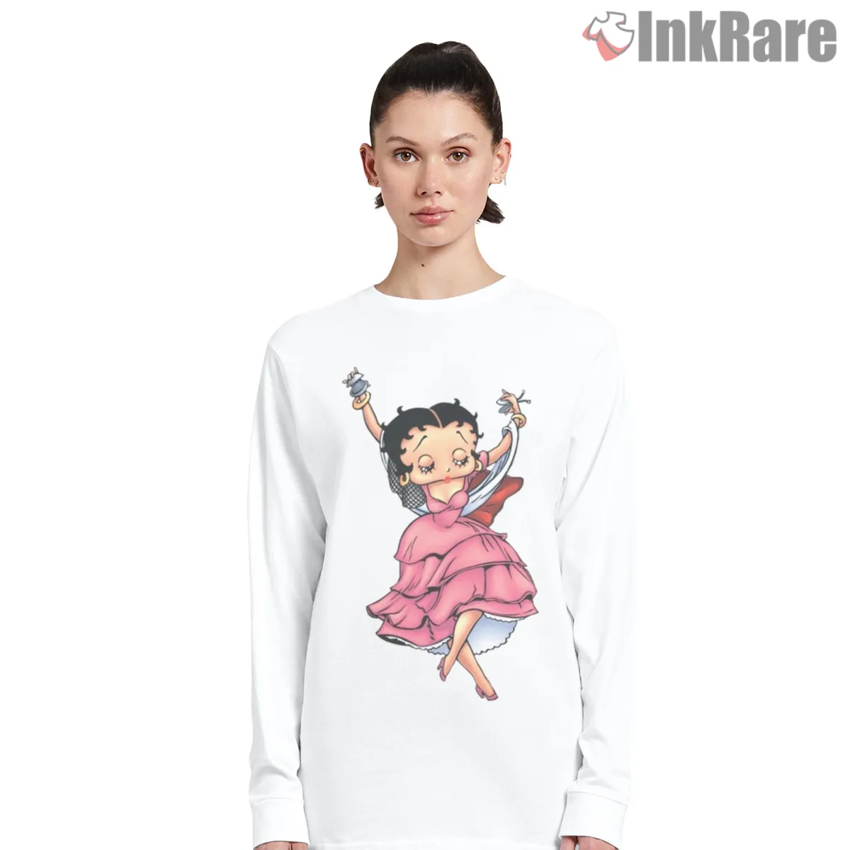 Pink Dress Twirl Betty Boop Playful Cartoon Shirt on white long sleeve shirt for women graphic tee