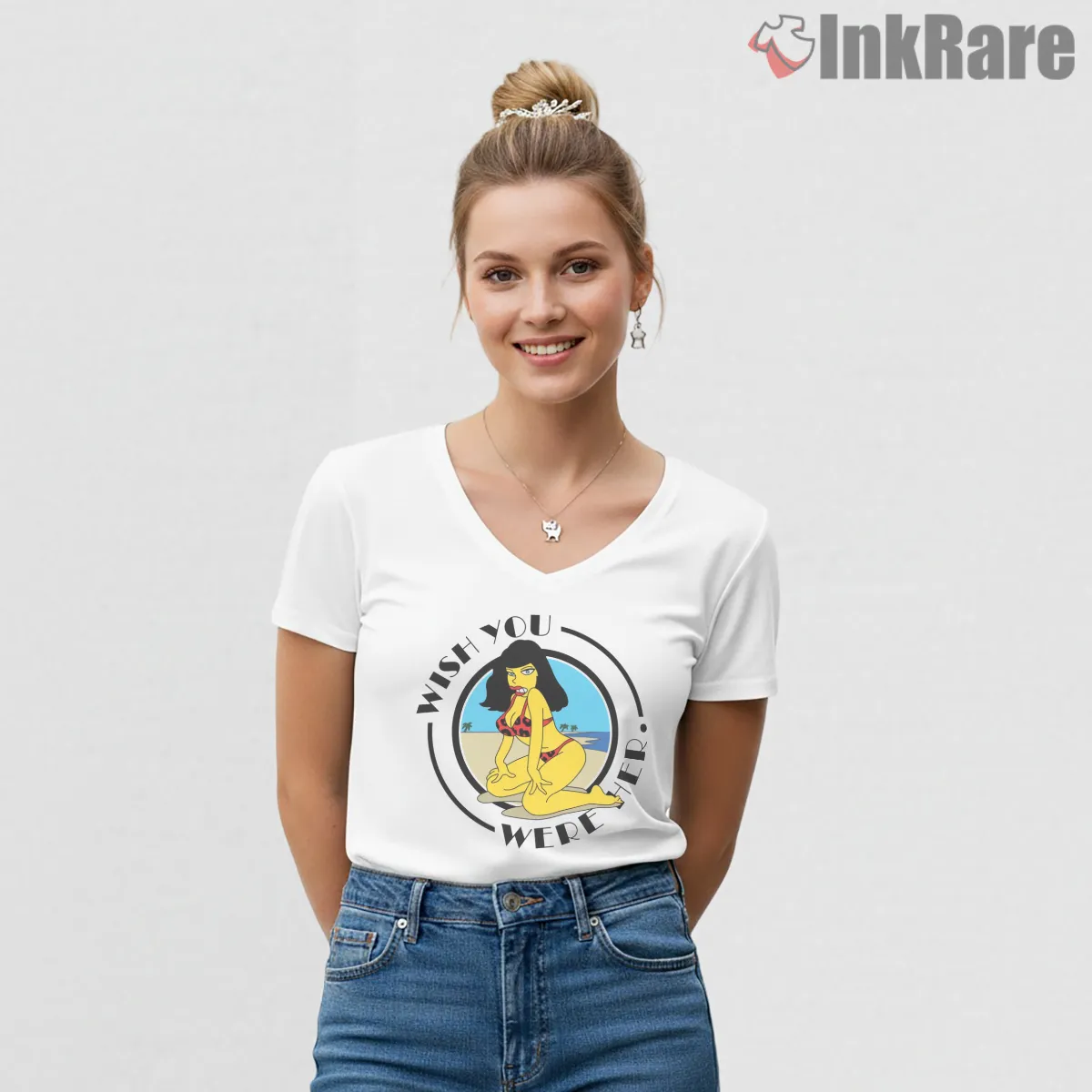 Pink Floyd Wish You Were Here Simpsons Album Parody V Neck White Pink Floyd Wish You Were Here Simpsons Album Parody Shirt on white v-neck shirt for women graphic tee