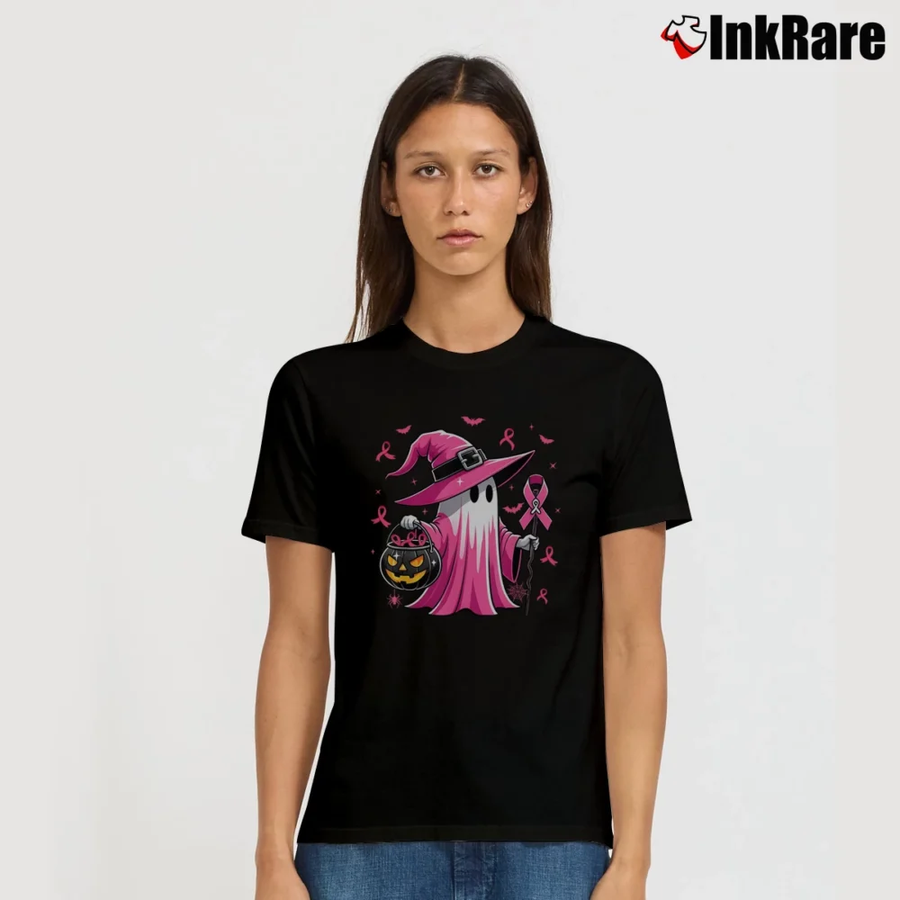 Women’s Pink Ghost Witch Breast Cancer Awareness Halloween T-Shirt in black | Soft, Flattering Fit