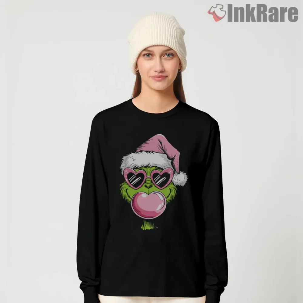 Pink Grinch Festive Santa Holiday Aesthetic Shirt on black long sleeve shirt for women graphic tee