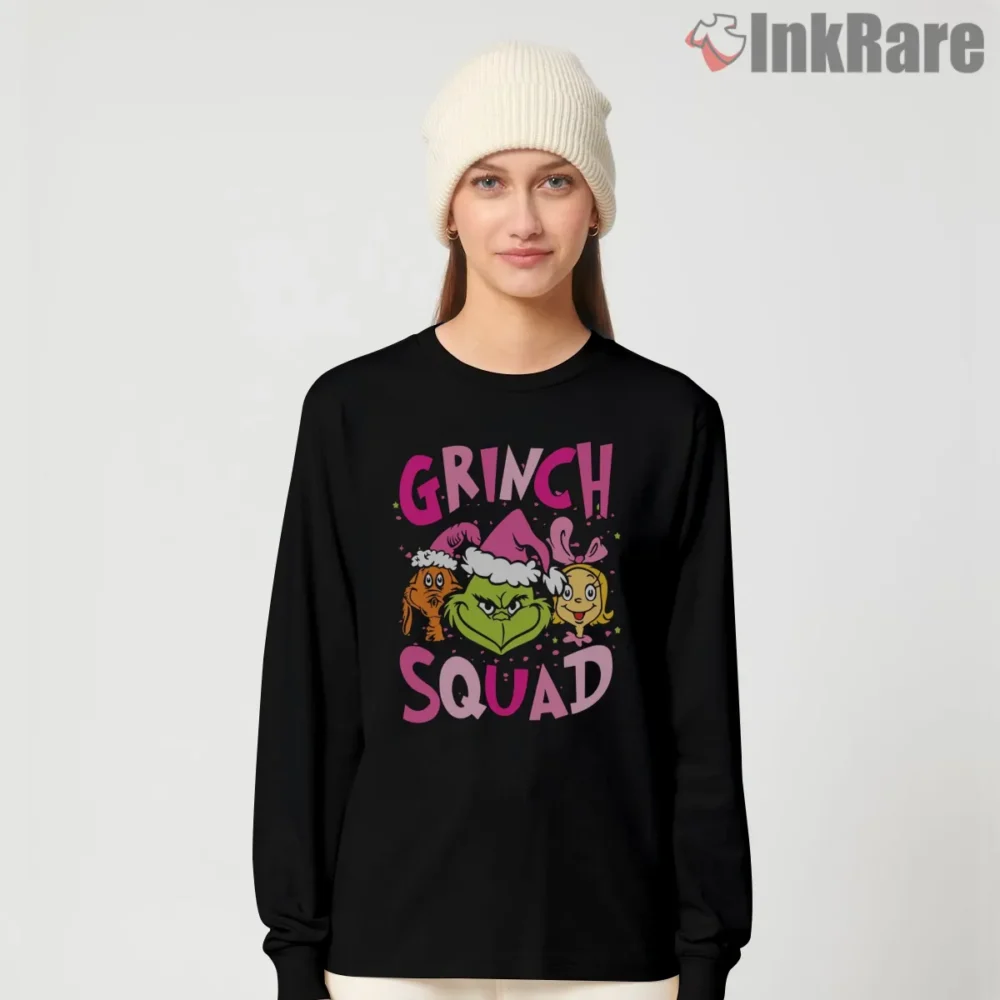 Pink Grinch Squad Matching Family Christmas Shirt on black long sleeve shirt for women graphic tee