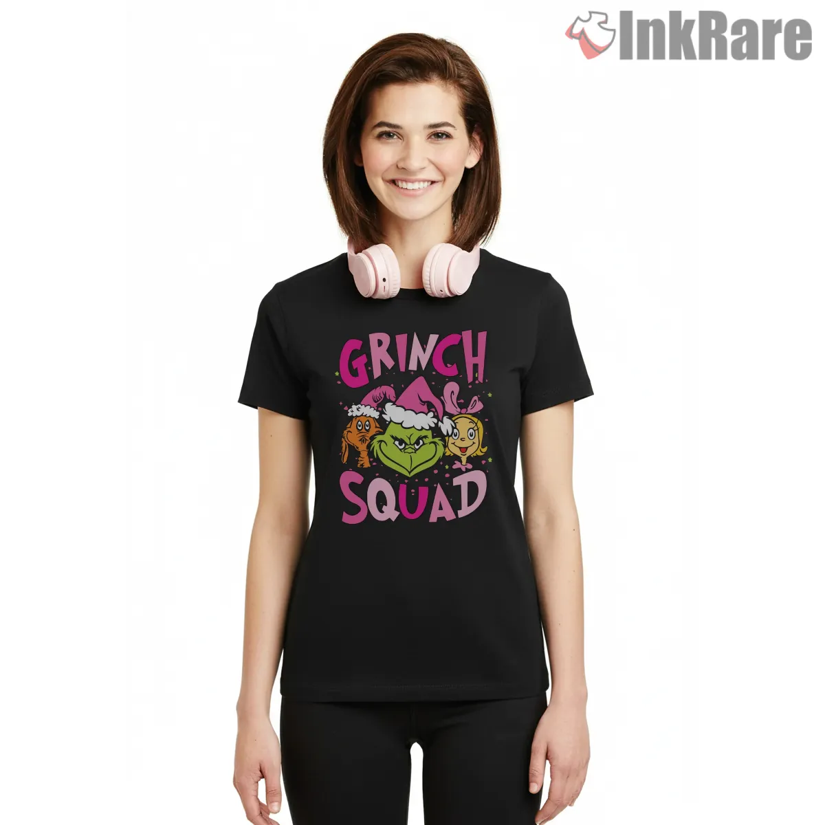 Pink Grinch Squad Matching Family Christmas Shirt on black short sleeve shirt for women graphic tee