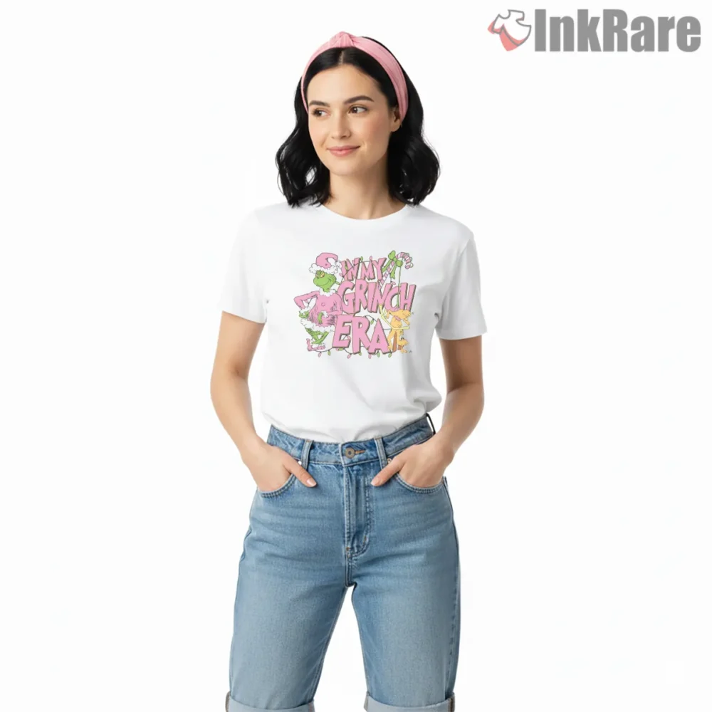 Pink Grinchmas In My Grinch Era Retro Aesthetic Shirt on white short sleeve shirt for women graphic tee