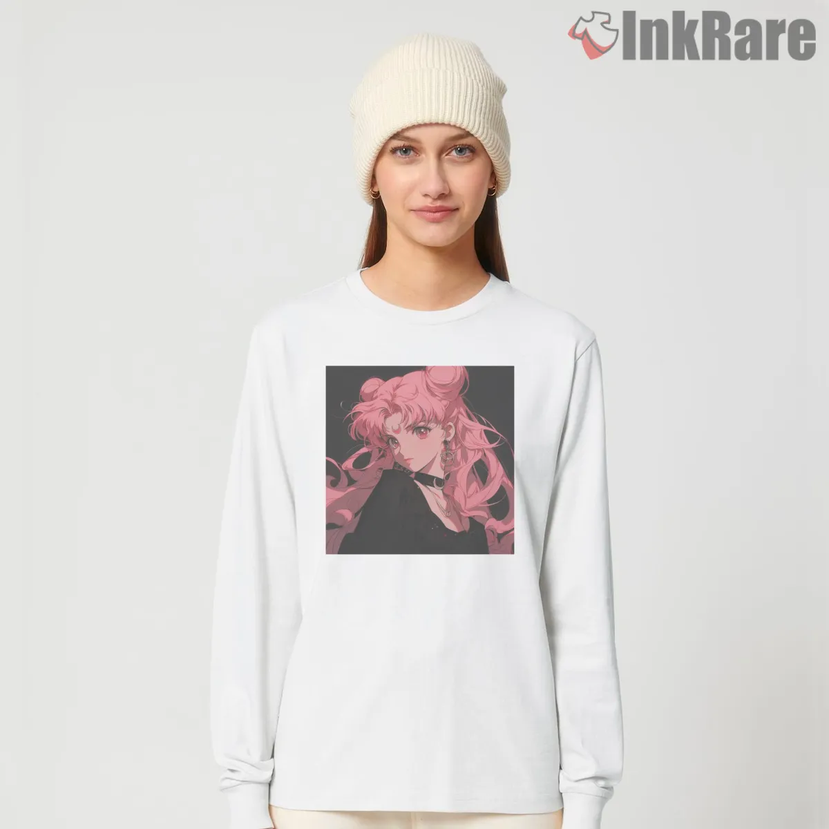 Pink Moon Princess Elegant Anime Shirt on white long sleeve shirt for women graphic tee