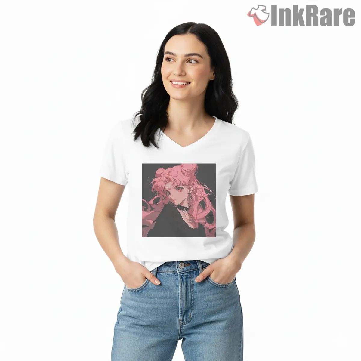 Pink Moon Princess Elegant Anime V Neck White Pink Moon Princess Elegant Anime Shirt on white v-neck shirt for women graphic tee