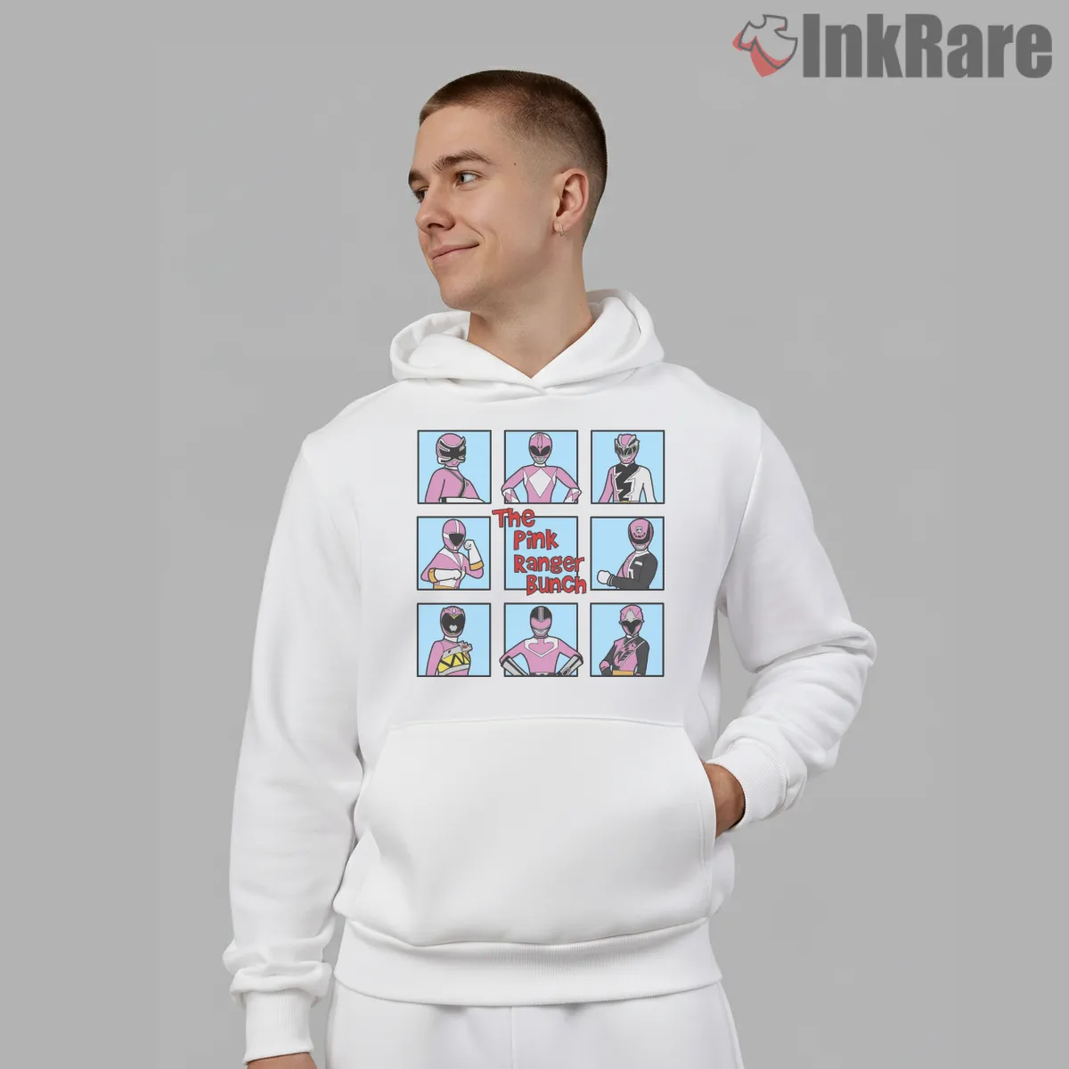 Pink Ranger Character Panel Comic Shirt on white hoodie for men graphic tee
