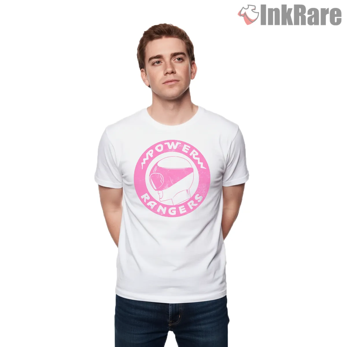 Pink Ranger Minimal Power Coin Short Sleeve White Pink Ranger Minimal Power Coin Shirt on white short sleeve shirt for men graphic tee