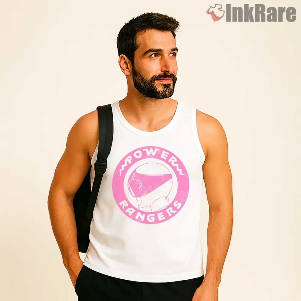 Pink Ranger Minimal Power Coin Shirt on white tank top for men graphic tee