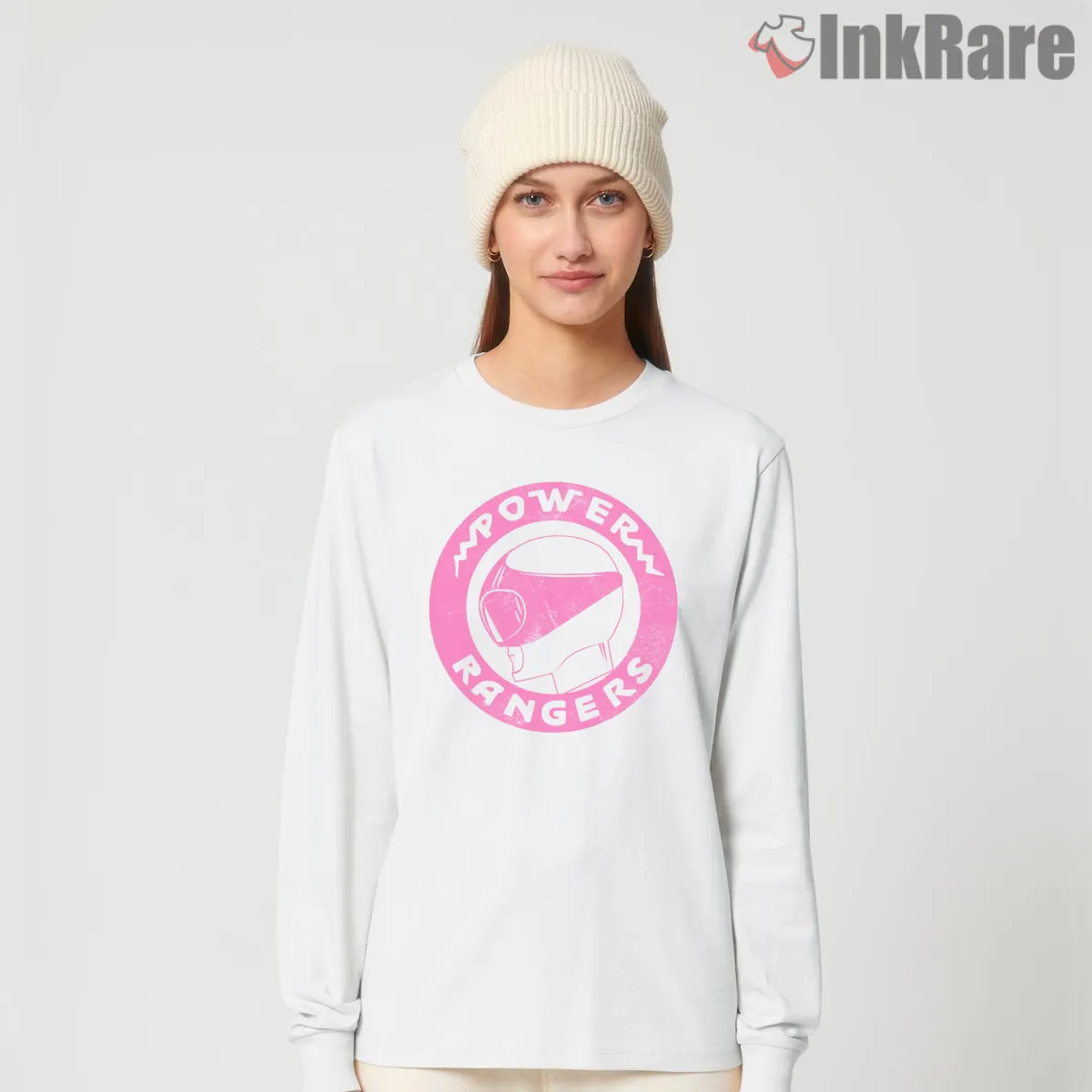 Pink Ranger Minimal Power Coin Long Sleeve White Pink Ranger Minimal Power Coin Shirt on white long sleeve shirt for women graphic tee