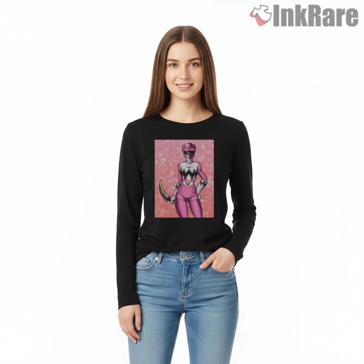 Pink Ranger Retro Heroine Warrior Shirt on black long sleeve shirt for women graphic tee