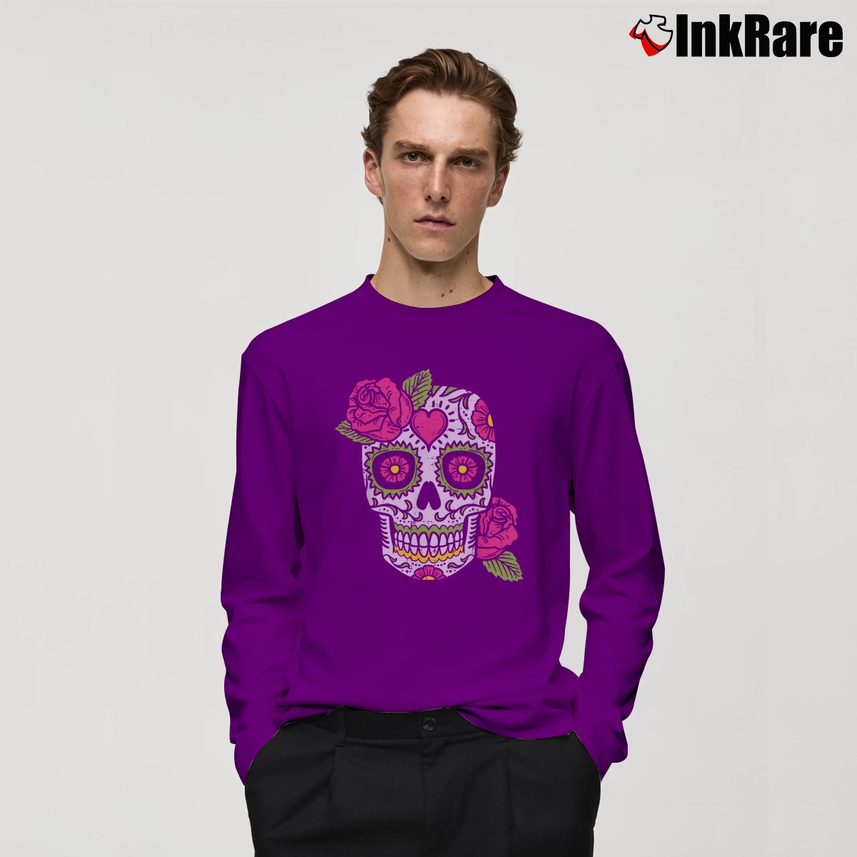 Men’s Pink Rose Sugar Skull Dia De Los Muertos Mexican Halloween Long-Sleeve Shirt in purple | Sleek, Lightweight, Year-Round Wear