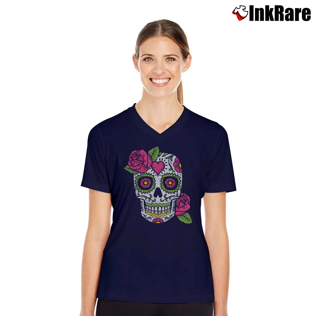 Women’s Pink Rose Sugar Skull Dia De Los Muertos Mexican Halloween V-Neck Tee in navy | Chic Neckline, Soft Texture