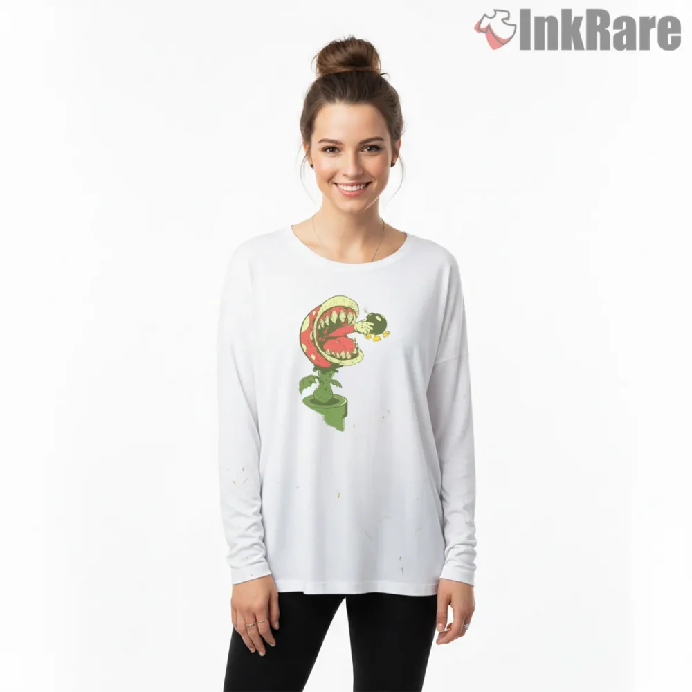 Piranha Plant Ultimate Weapon Dark Humor Graphic Shirt on white long sleeve shirt for women graphic tee