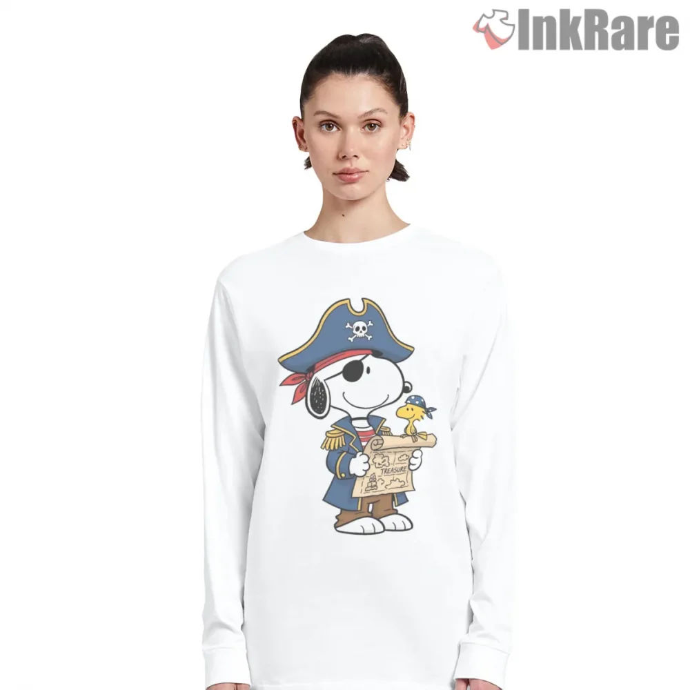 Pirate Snoopy And Woodstock Treasure Map Shirt on white long sleeve shirt for women graphic tee