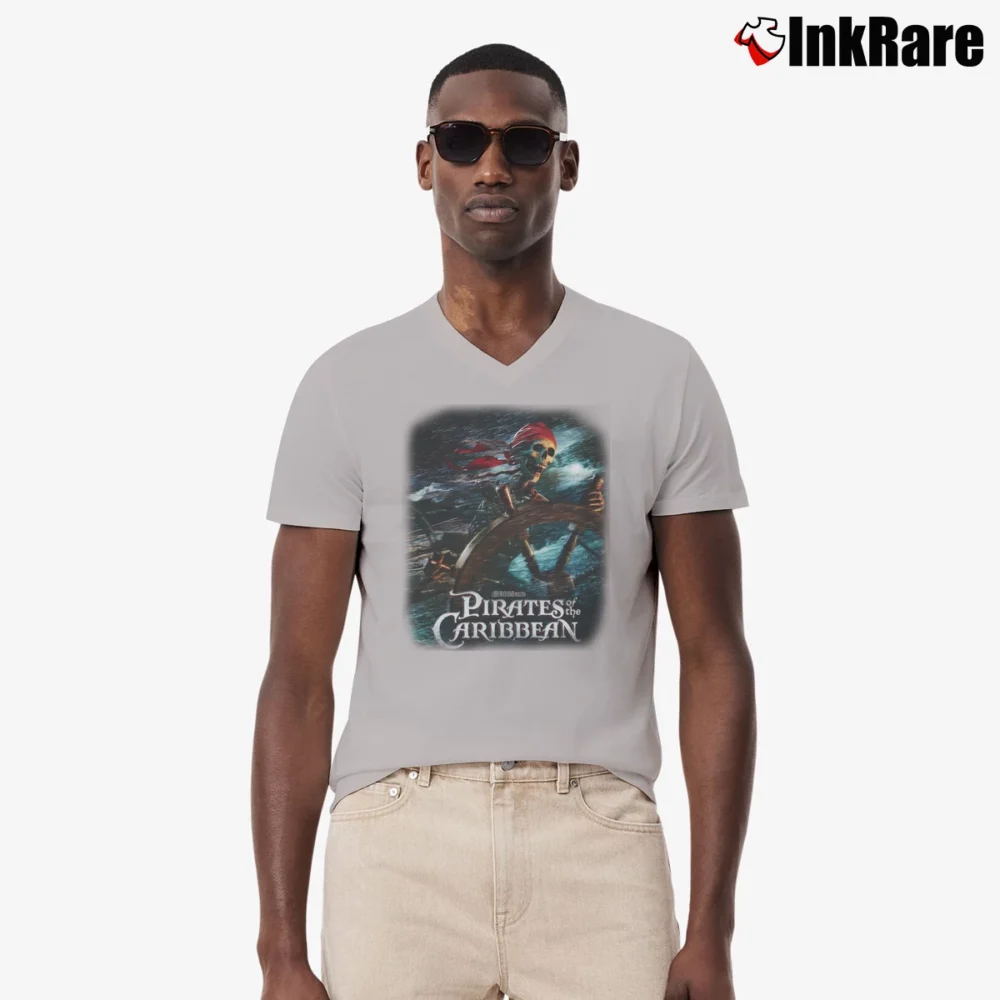 Men’s Pirates Of The Caribbean Walt Disney Movie Skeleton V-Neck Tee in sport grey | Sharp, Breathable, Everyday Staple