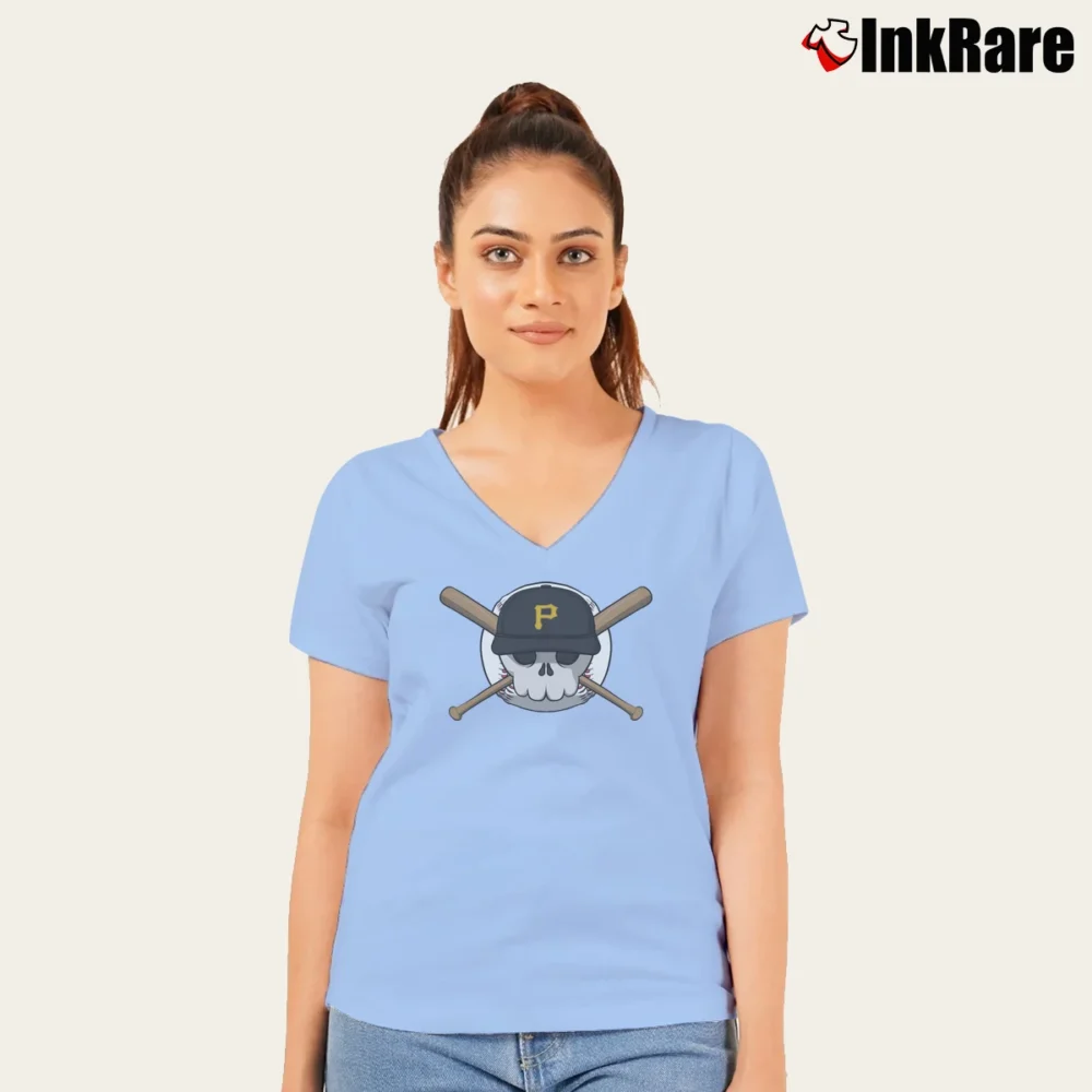 Women’s Pittsburgh Pirates Jolly Roger V-Neck Tee in light blue | Chic Neckline, Soft Texture