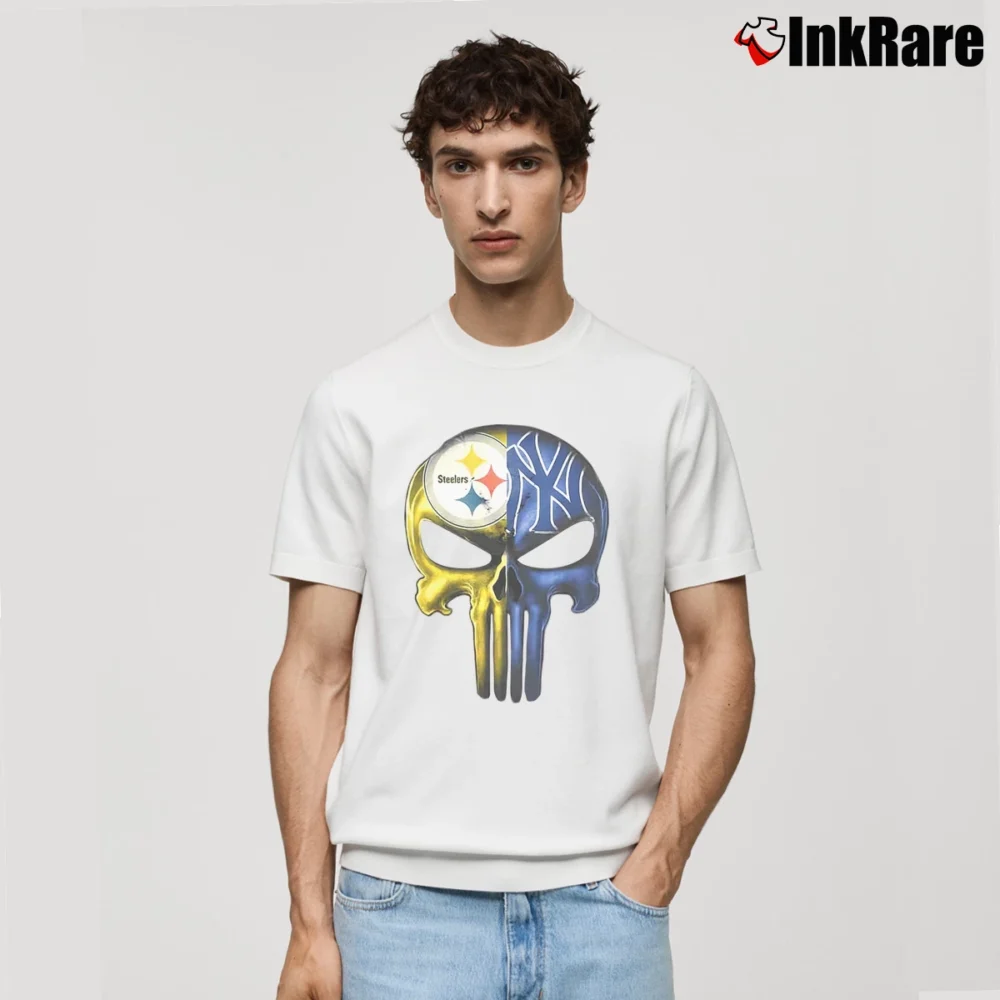 Men’s Pittsburgh Steelers And New York Yankees Skull Classic T-Shirt in white | Soft, Breathable Everyday Wear